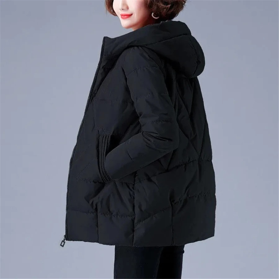 Women's Hooded Quilted Zip-Up Casual Coat in Black