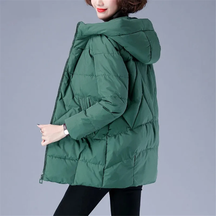 Women's Hooded Quilted Zip-Up Casual Coat in Dark Green