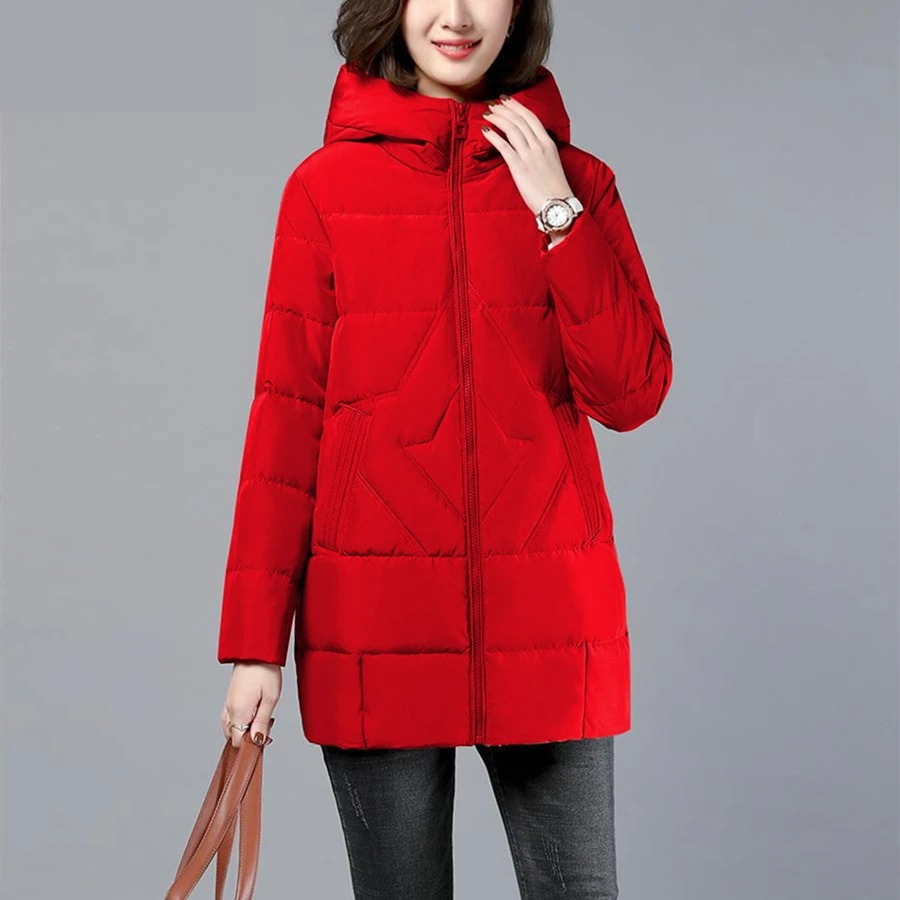 Women's Hooded Quilted Zip-Up Casual Coat in Red