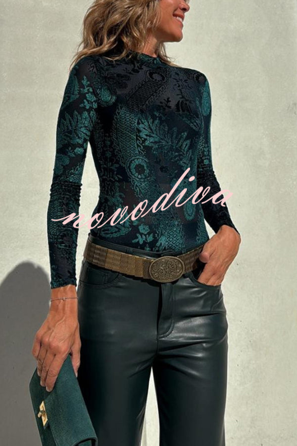 Long-Sleeve Mock-Neck Evening Bodysuit in Teal