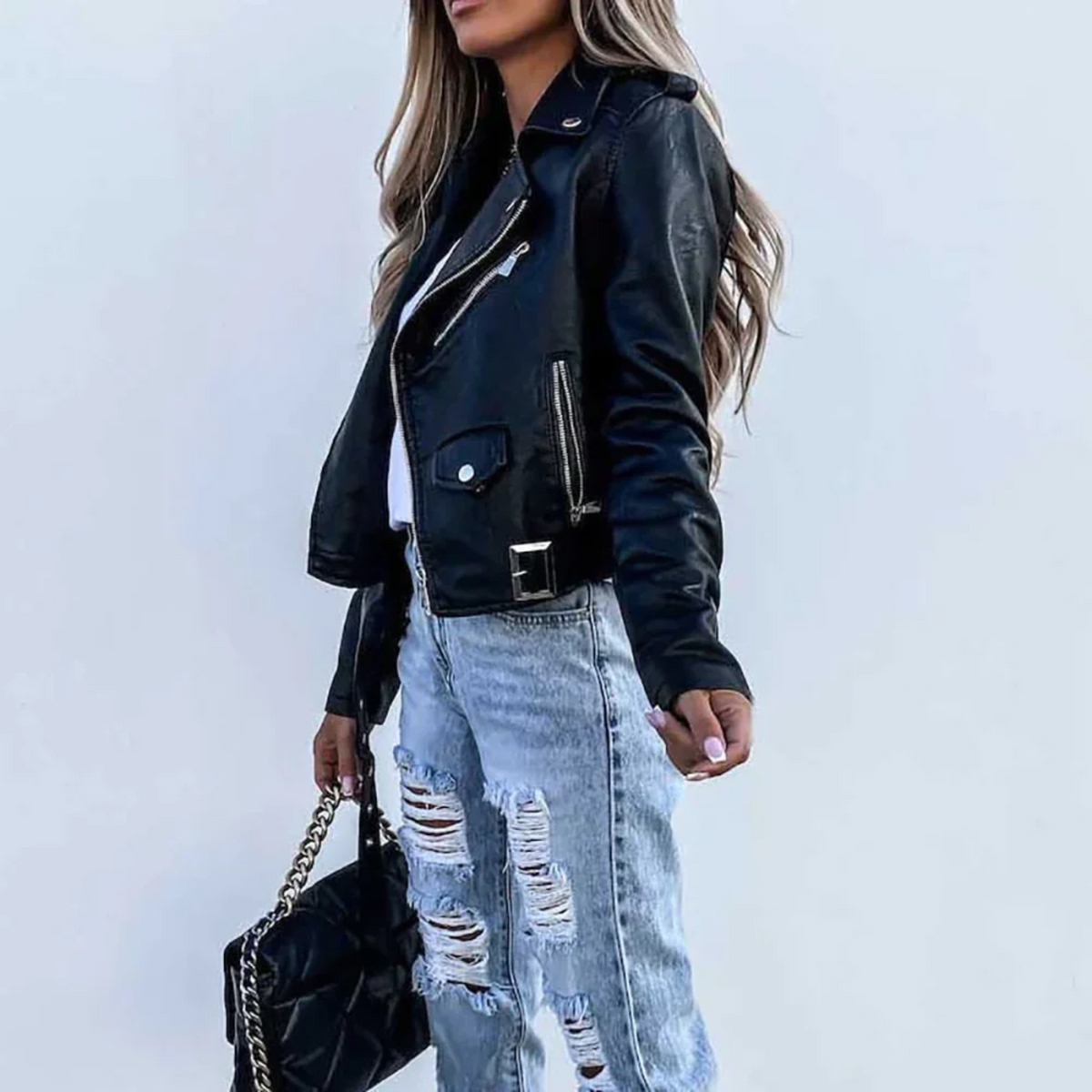 Women's Asymmetric Zip Biker Casual Jacket in Black