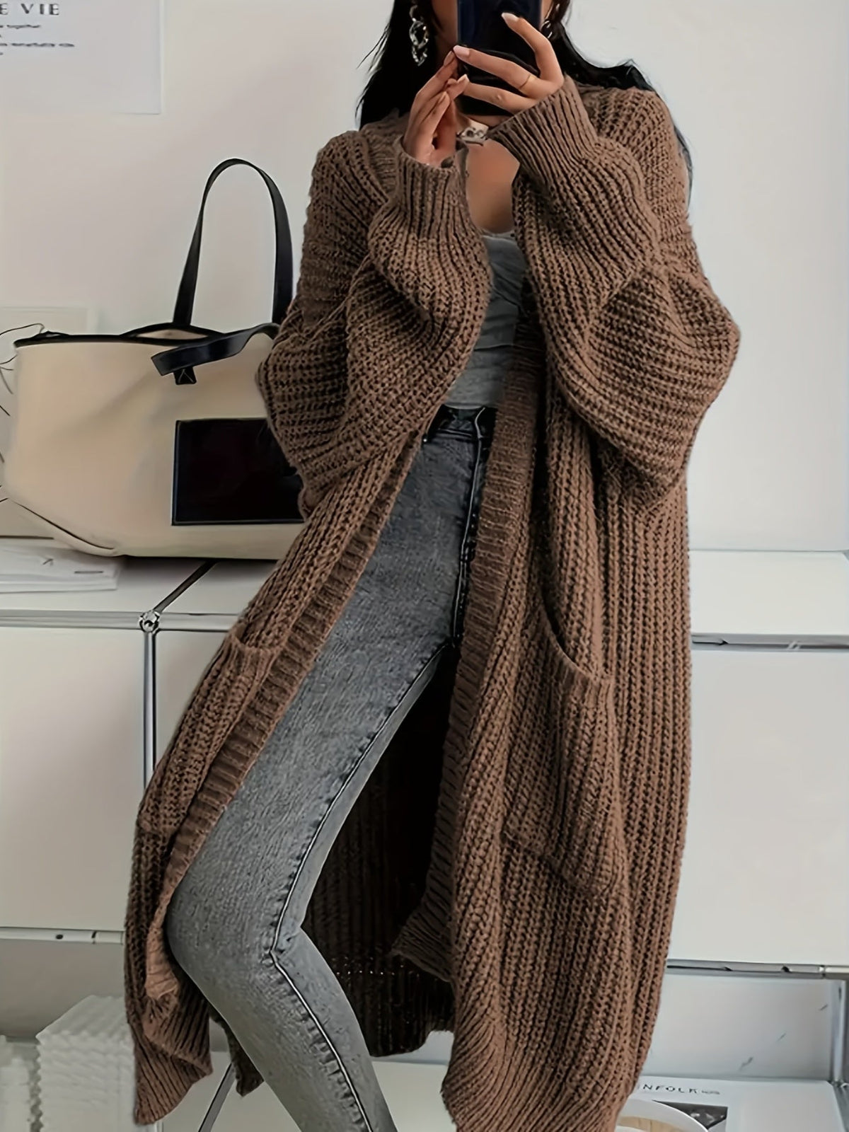 Women's Longline Casual Cardigan in Brown