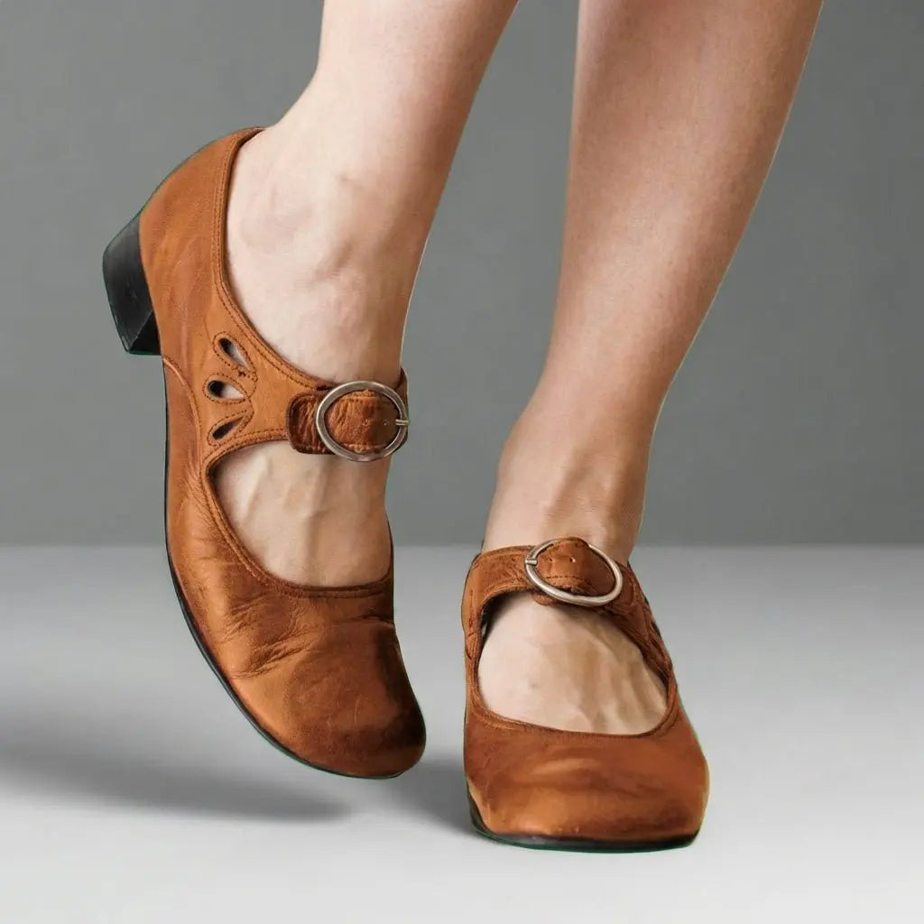 Mary Jane Buckle-Strap Casual Heels in Camel