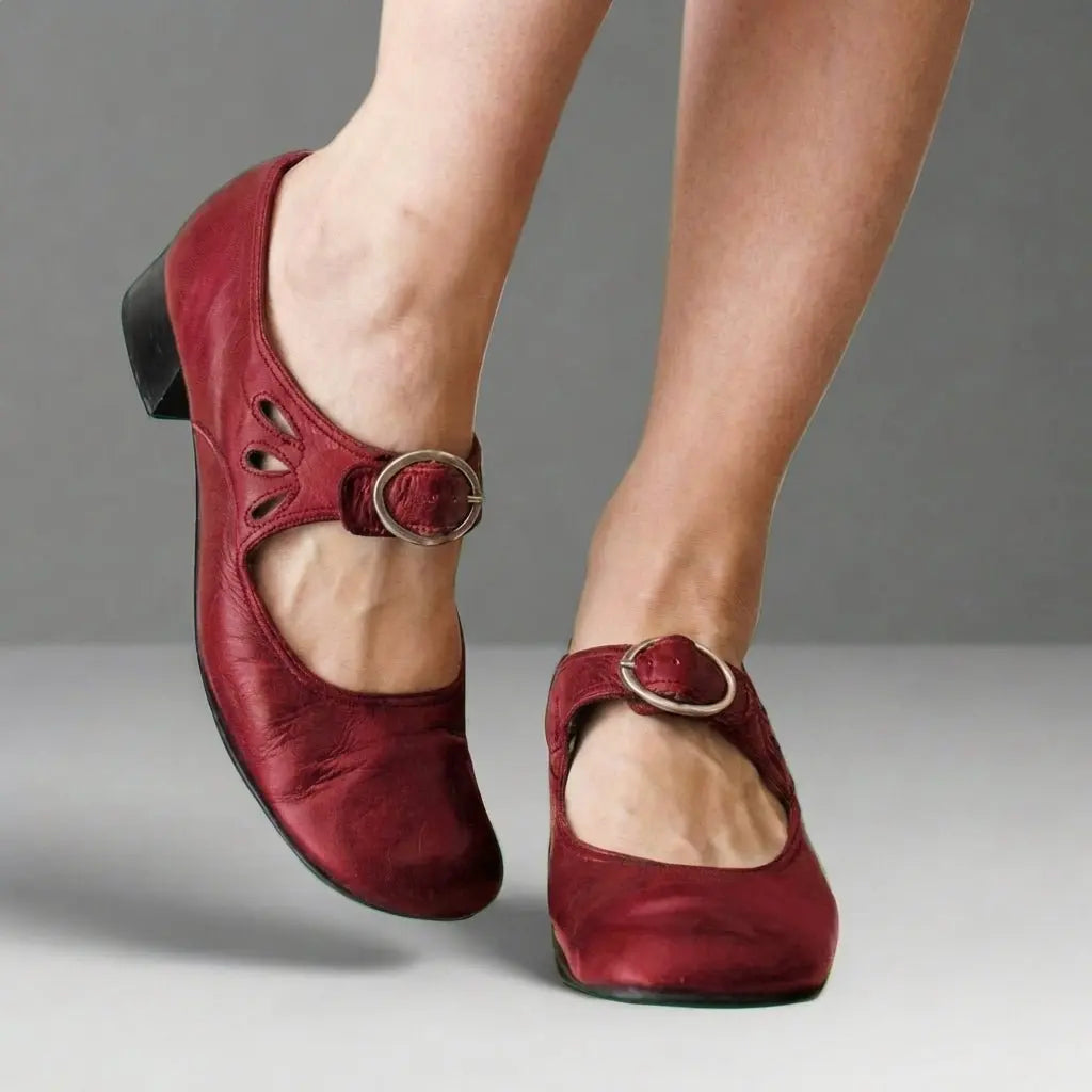 Mary Jane Buckle-Strap Casual Heels in Dark Red
