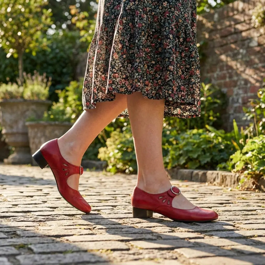 Mary Jane Buckle-Strap Casual Heels in Dark Red