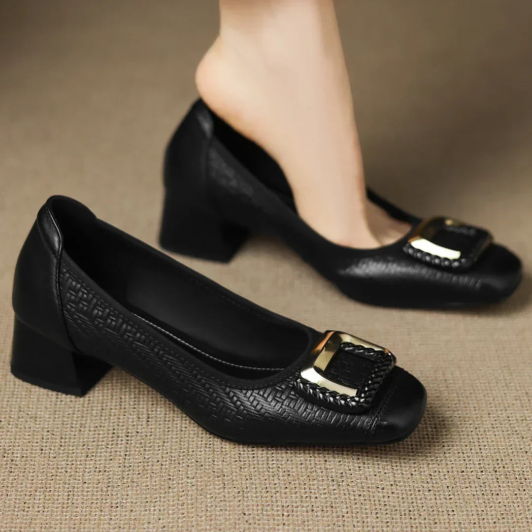 Buckle Square-Toe Workwear Heels in Black