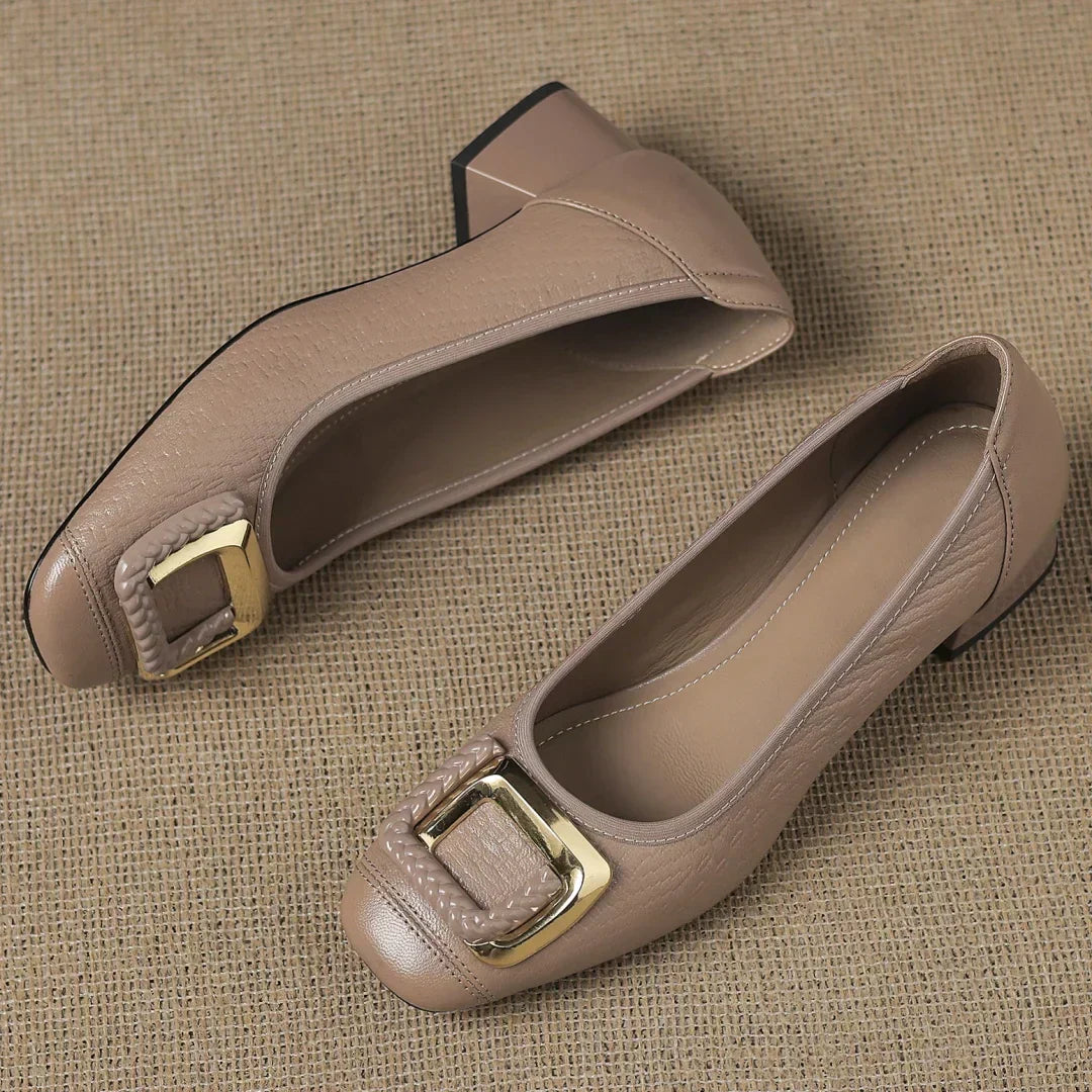 Buckle Square-Toe Workwear Heels in Taupe