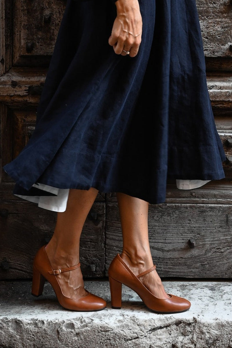 Mary Jane Buckle Strap Workwear Heels in Camel