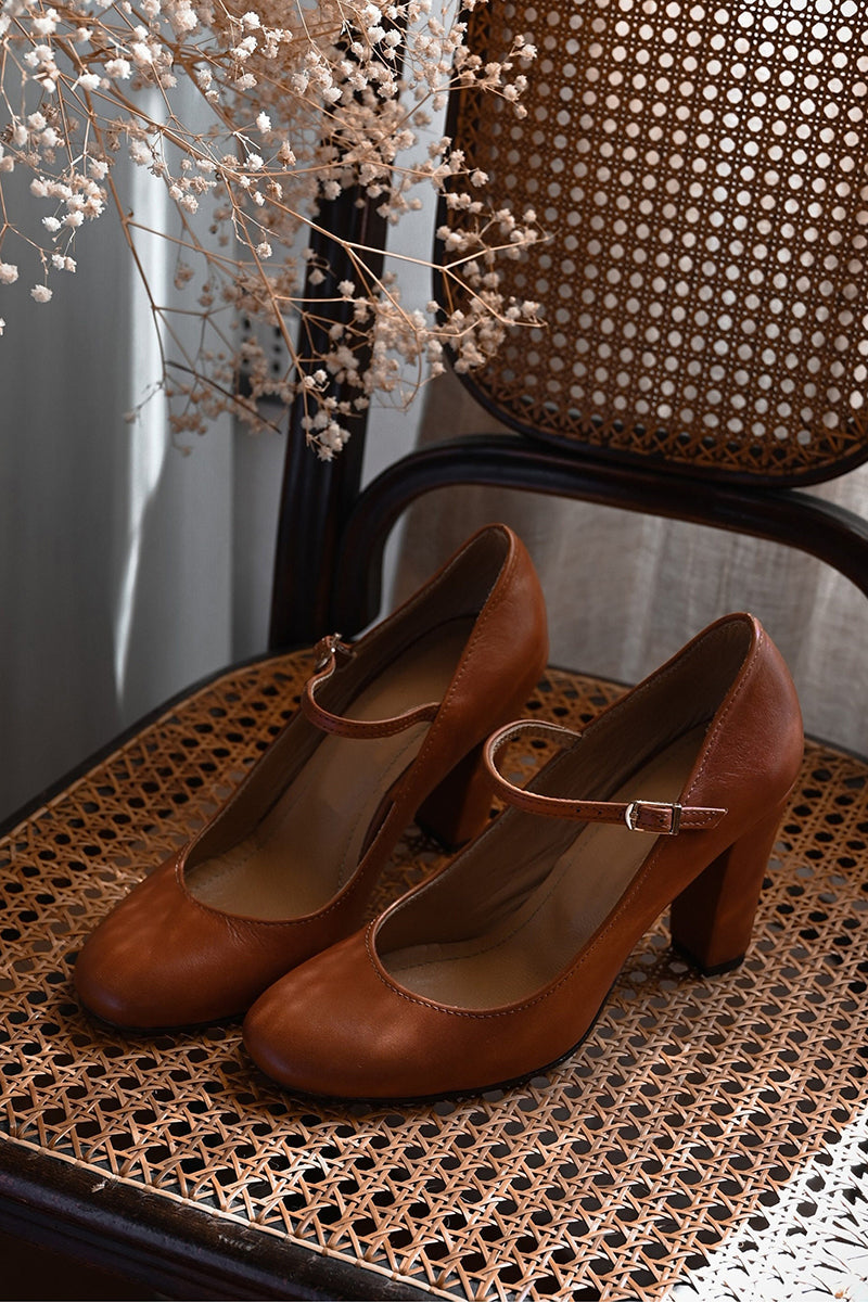 Mary Jane Buckle Strap Workwear Heels in Camel