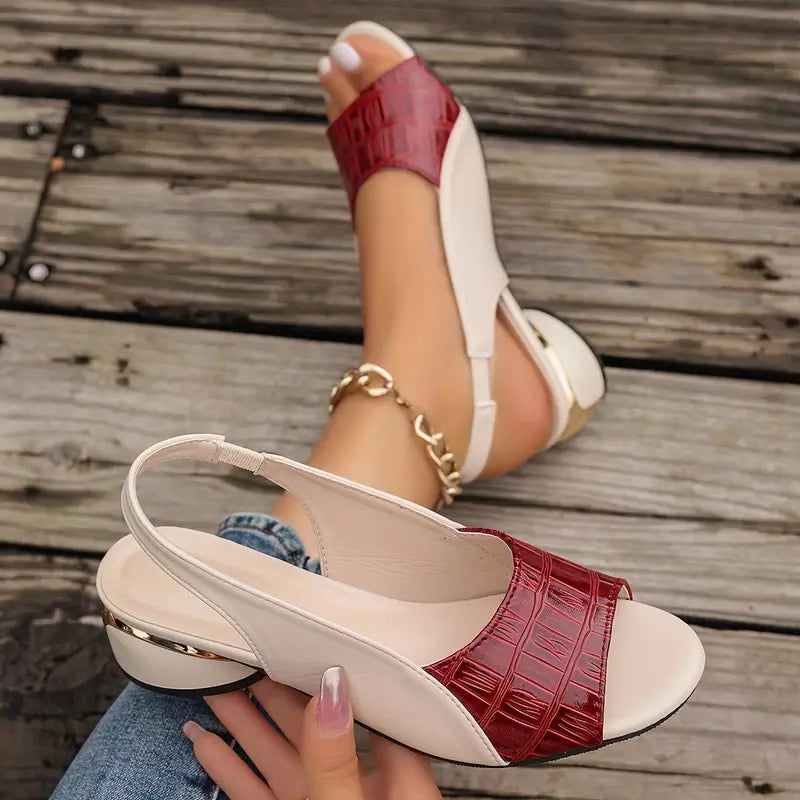 Open-Toe Slingback Casual Heels in Dark Red