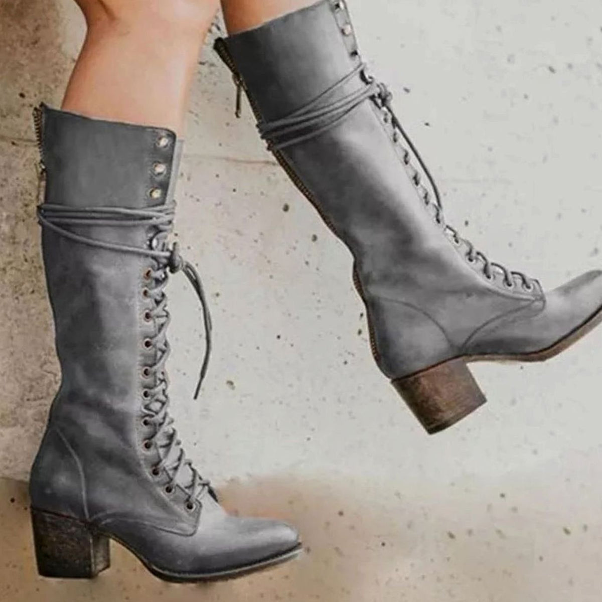 Women's Lace-Up Casual Knee High Boots in Grey