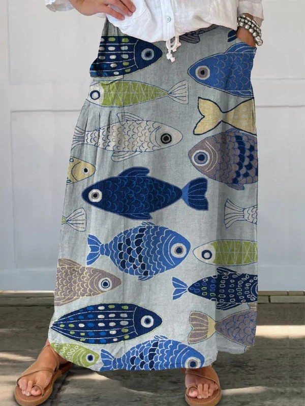 Drawstring Fish-Print Casual Skirt in Grey