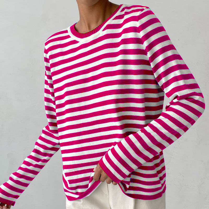 Women's Striped Crew-Neck Casual Jumper in Fuchsia