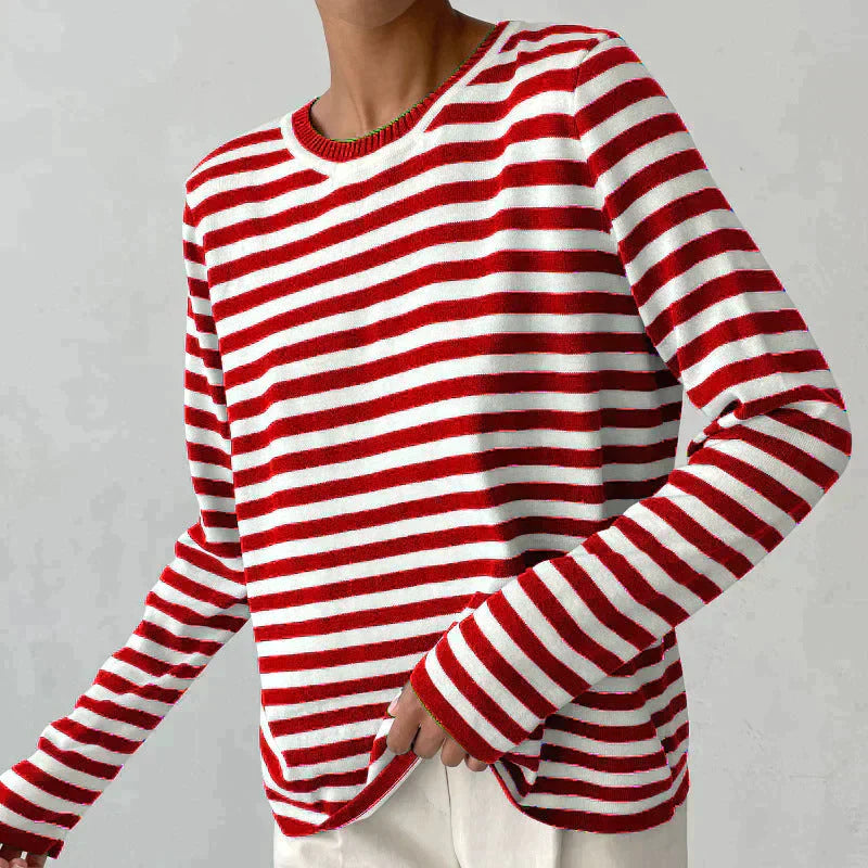 Women's Striped Crew-Neck Casual Jumper in Red