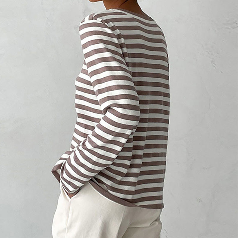Women's Striped Crew-Neck Casual Jumper in Taupe