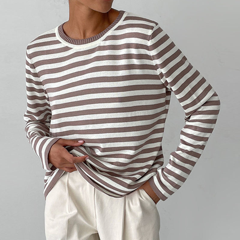 Women's Striped Crew-Neck Casual Jumper in Taupe