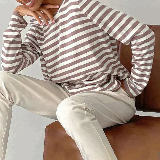 Women's Striped Crew-Neck Casual Jumper in Taupe