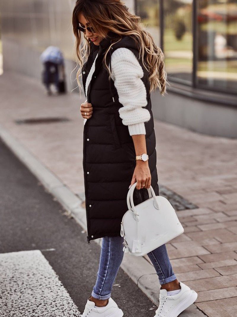 Women's Hooded Quilted Longline Casual Gilet in Black