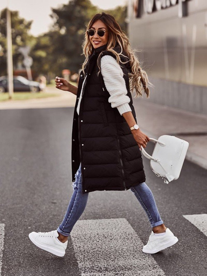 Women's Hooded Quilted Longline Casual Gilet in Black