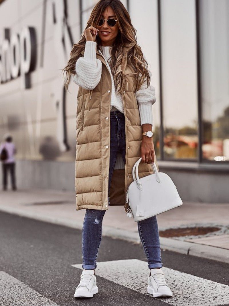 Women's Hooded Quilted Longline Casual Gilet in Camel