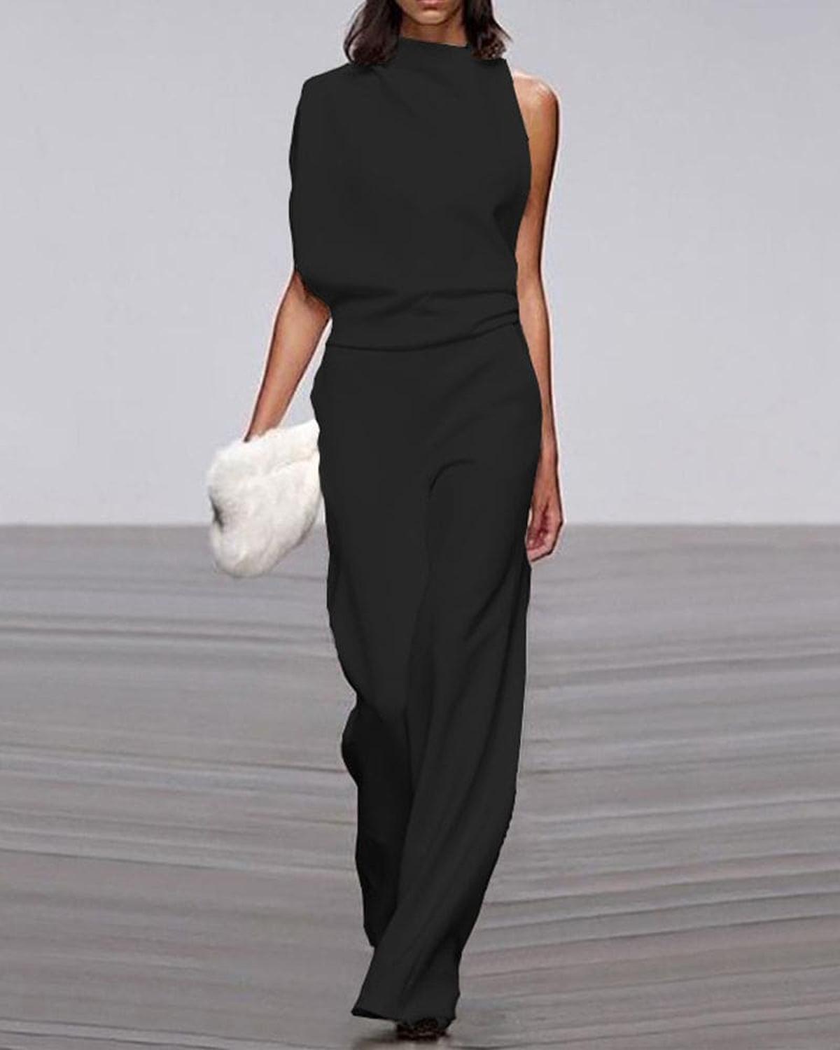 High-Neck One-Shoulder Evening Jumpsuit in Black