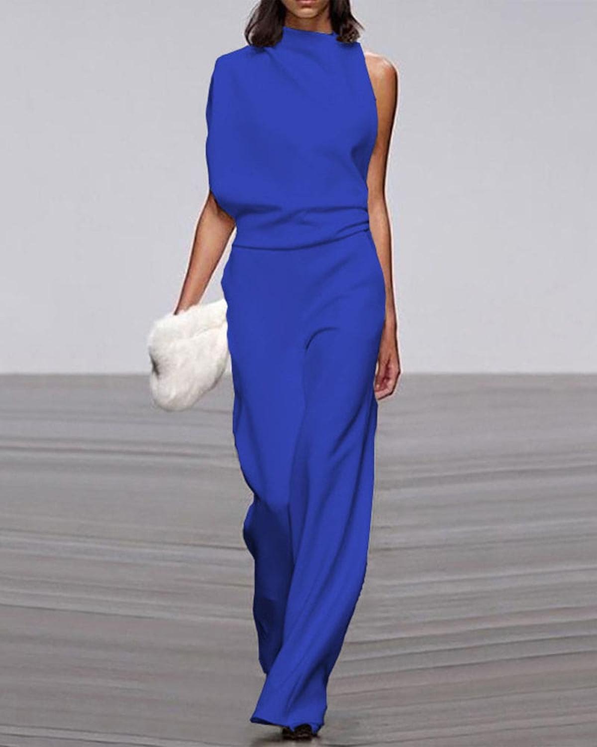 High-Neck One-Shoulder Evening Jumpsuit in Blue