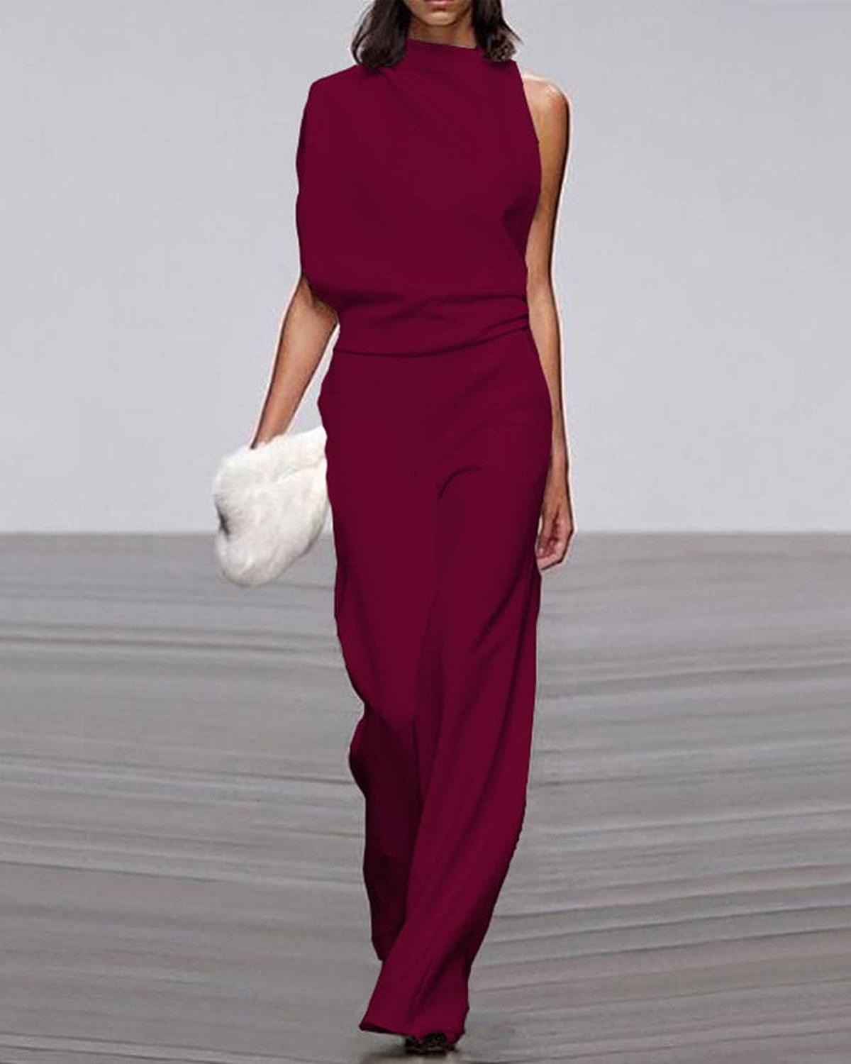 High-Neck One-Shoulder Evening Jumpsuit in Burgundy