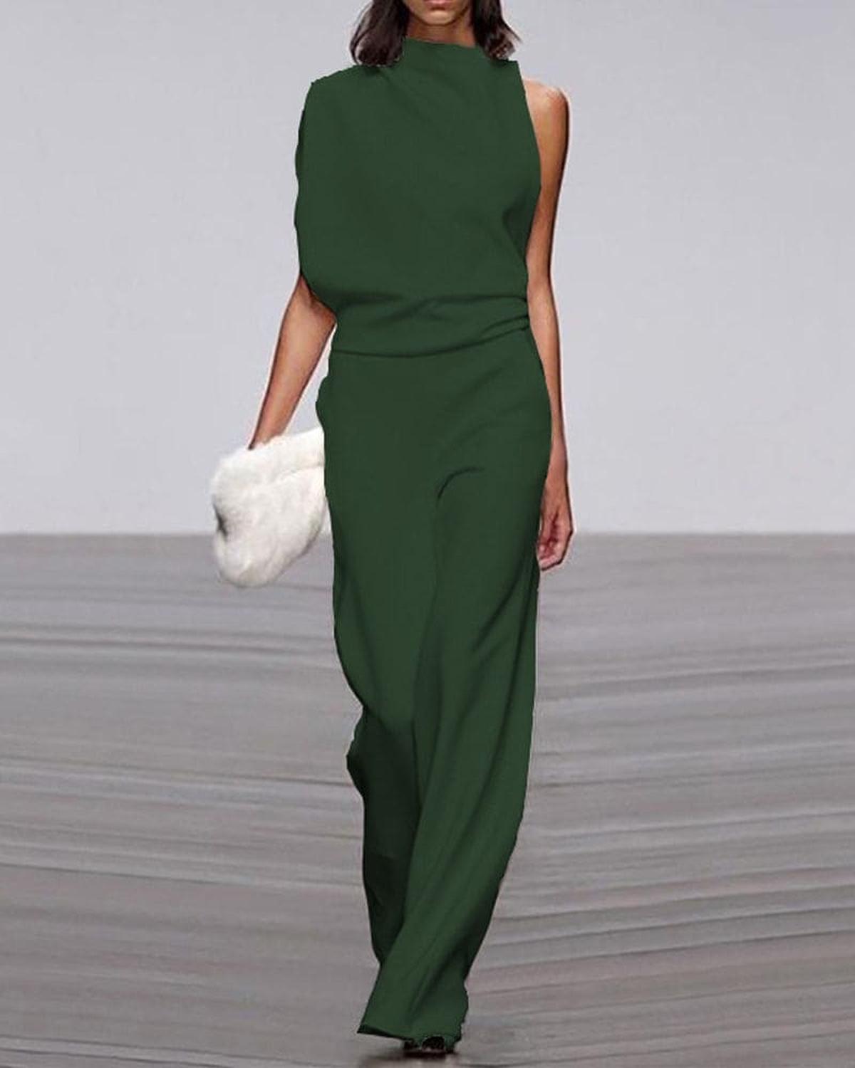 High-Neck One-Shoulder Evening Jumpsuit in Dark Green