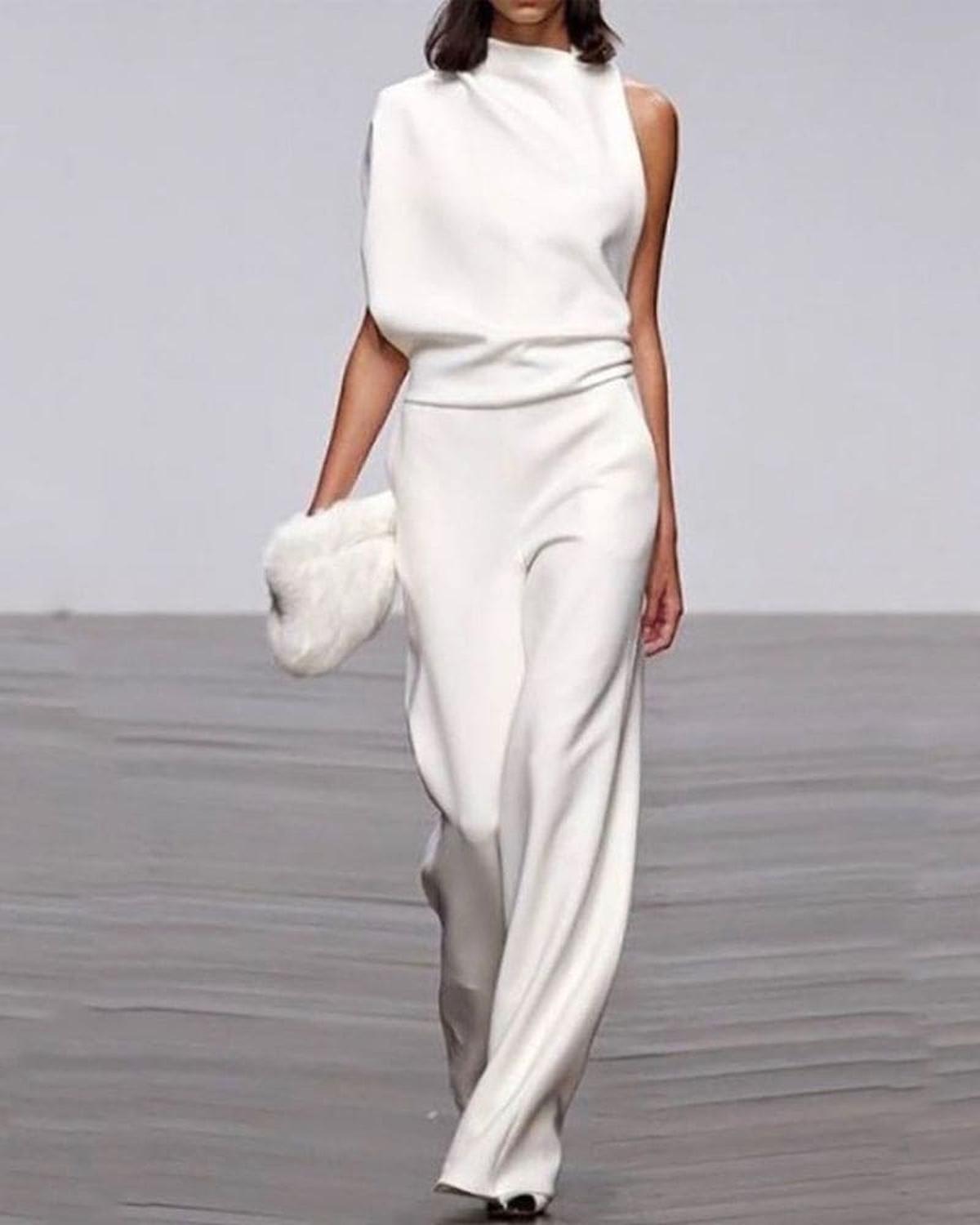 High-Neck One-Shoulder Evening Jumpsuit in White