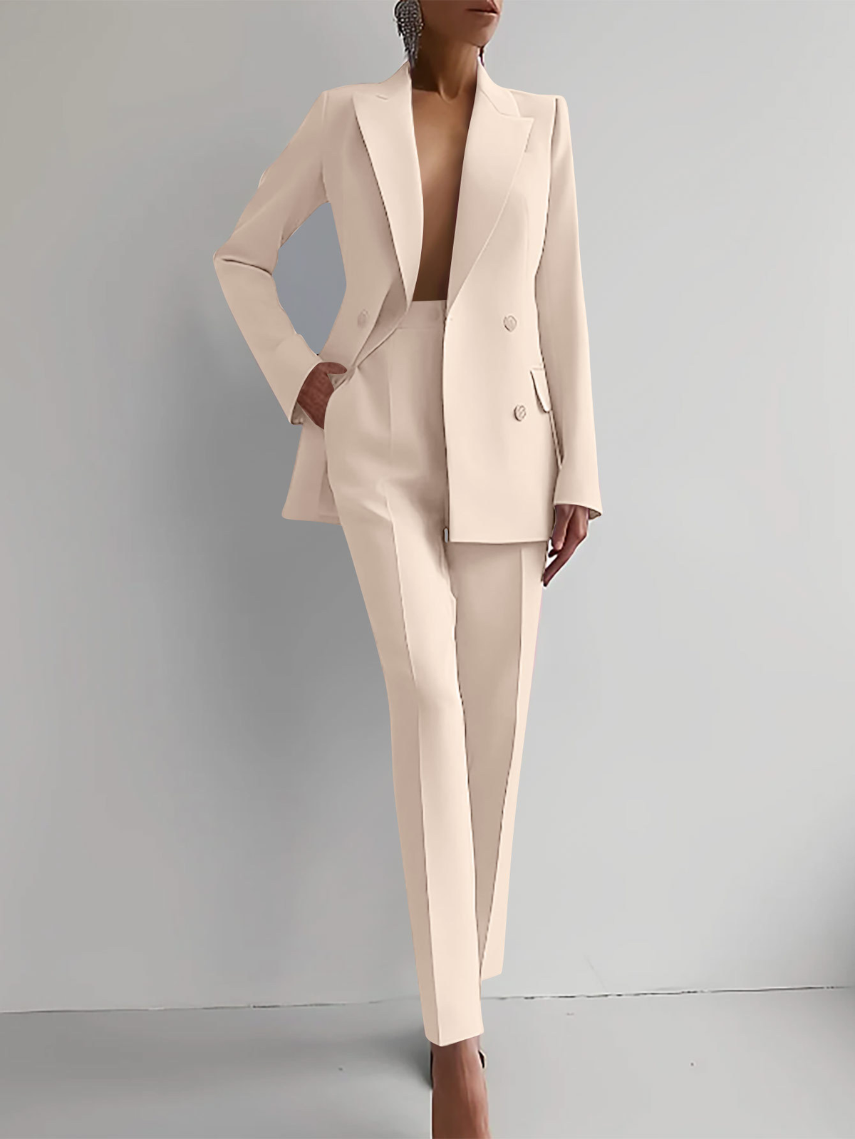 Women's Double-Breasted Workwear Trouser Suit in Beige