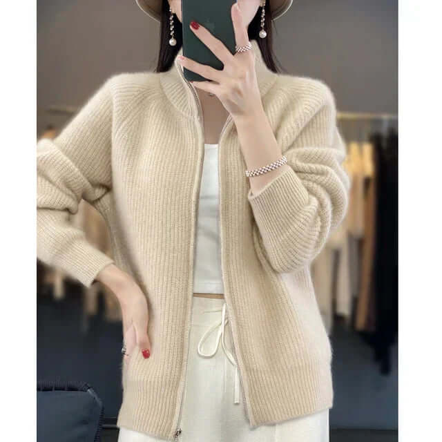 Women's Zip-Front Casual Cardigan in Beige