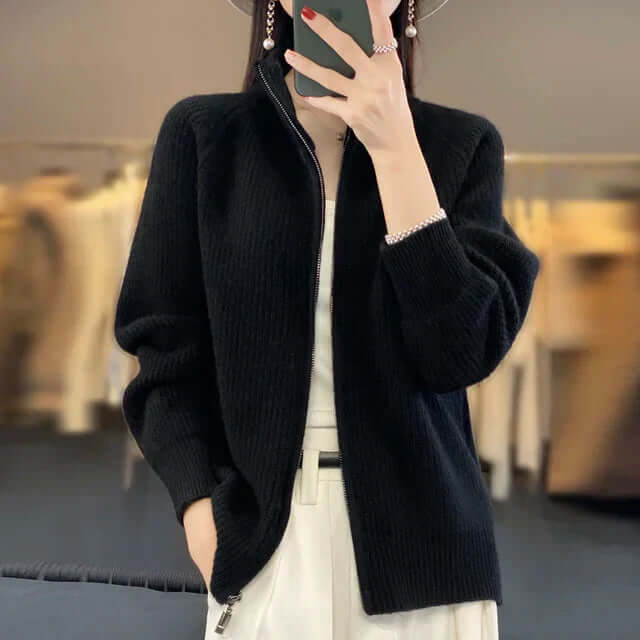 Women's Zip-Front Casual Cardigan in Black