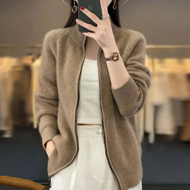 Women's Zip-Front Casual Cardigan in Camel