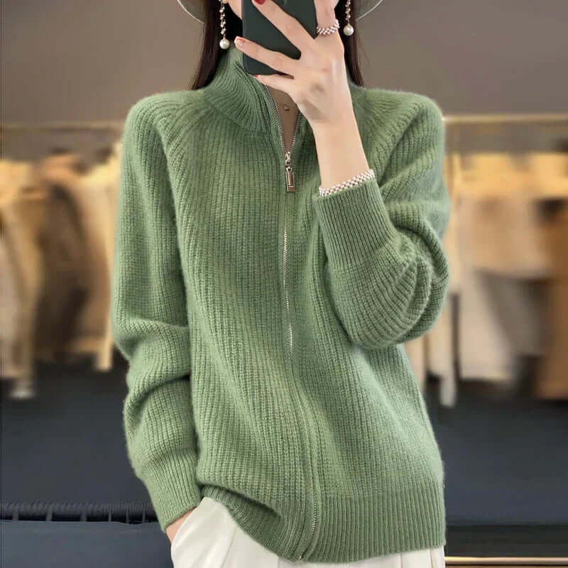 Women's Zip-Front Casual Cardigan in Sage