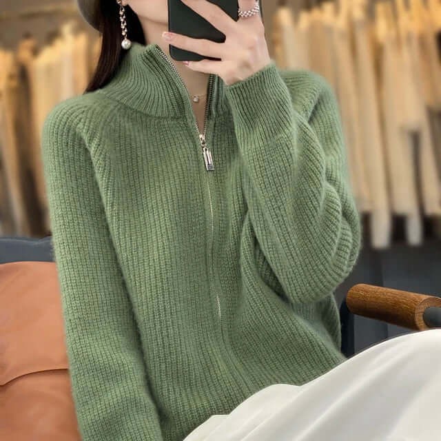 Women's Zip-Front Casual Cardigan in Sage