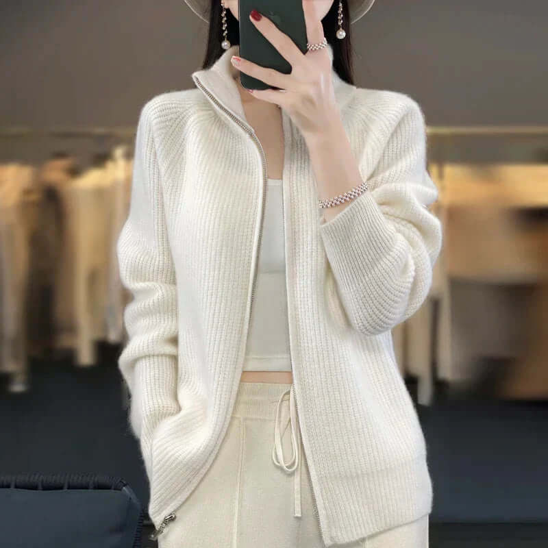 Women's Zip-Front Casual Cardigan in White