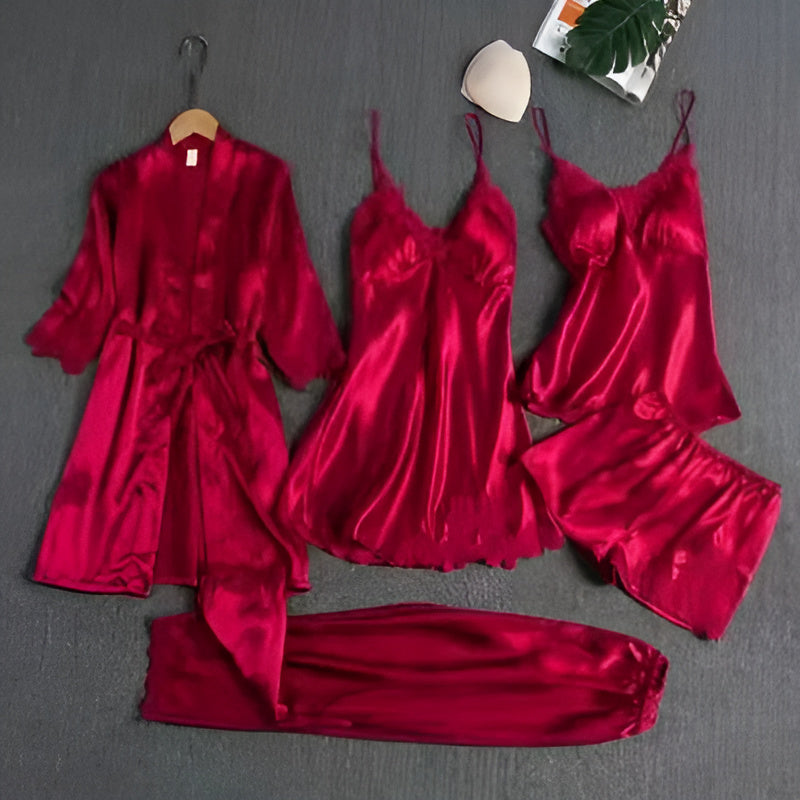 Women's Lace-Trim Casual Pyjamas in Burgundy