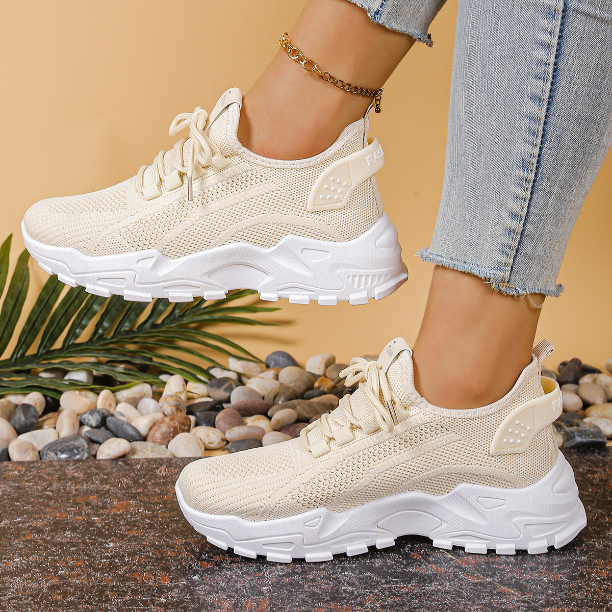 Women's Orthopaedic Lace-Up Casual Trainers in Beige