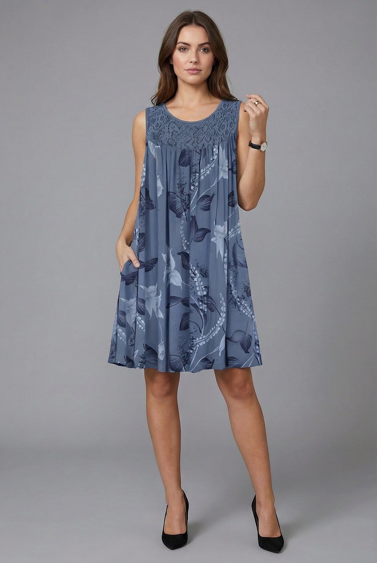 Floral Lace-Yoke Holiday Mini Dress in Blue