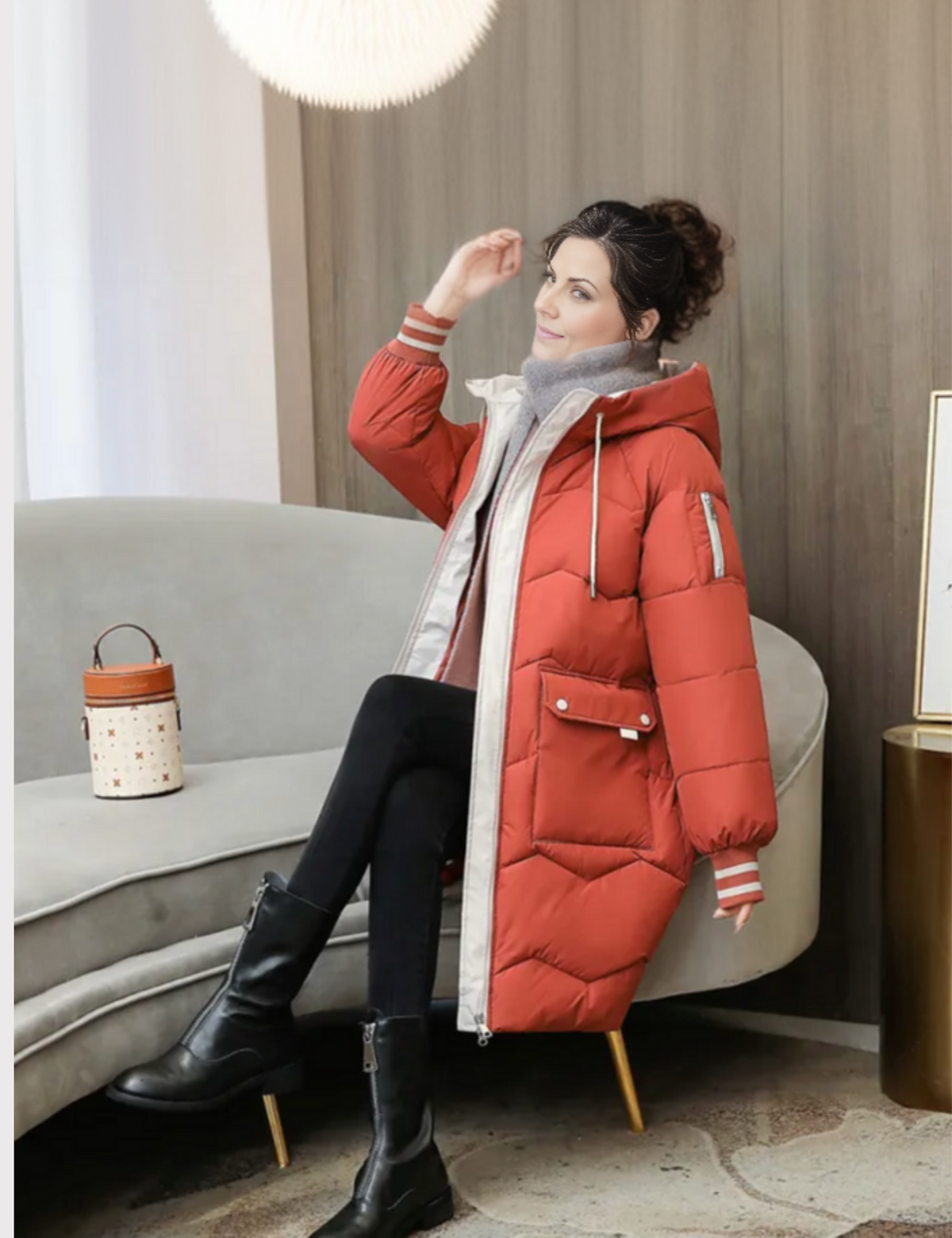 Women's Hooded Quilted Casual Coat in Brick Red