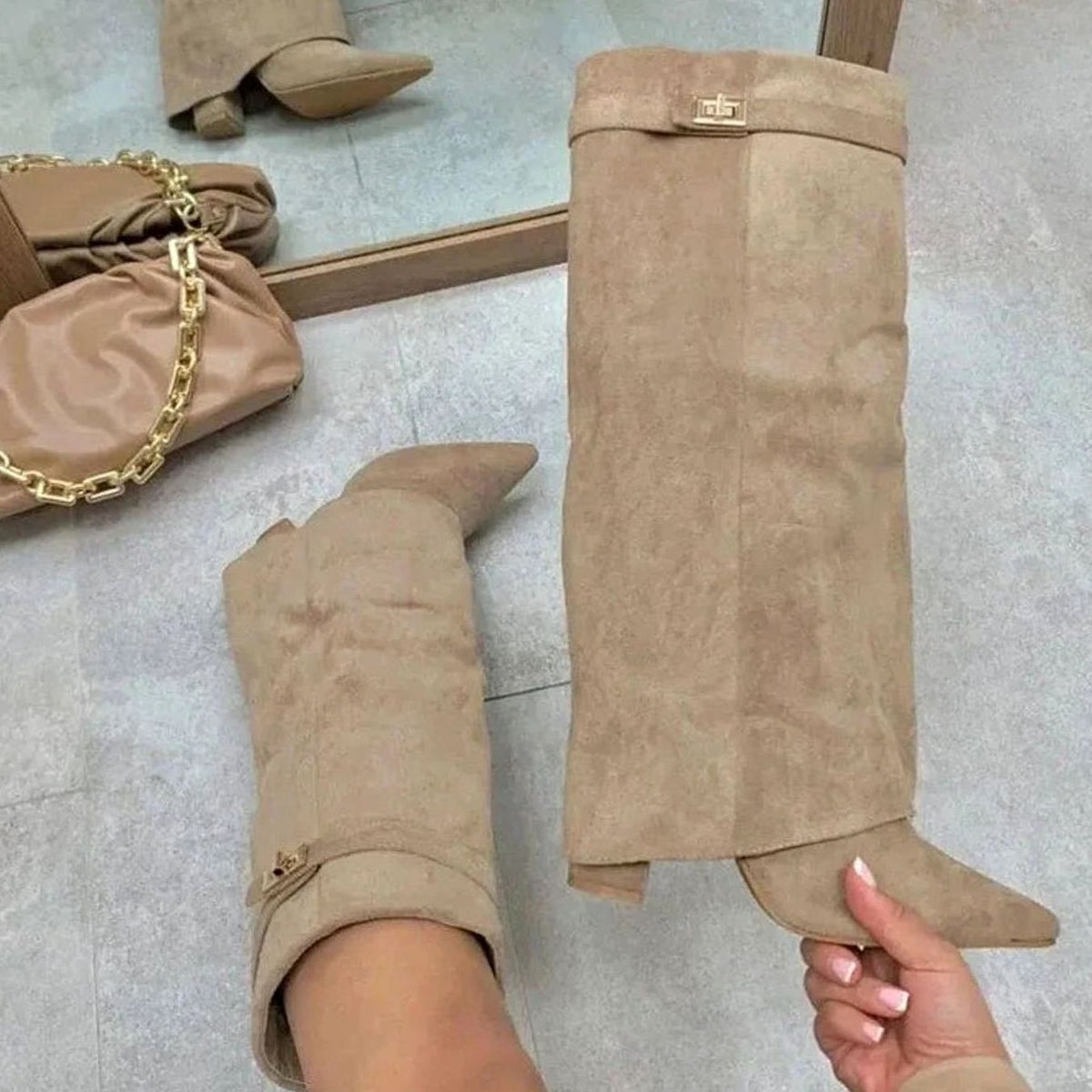 Women's Orthopaedic Fold-Over Casual Knee High Boots in Camel
