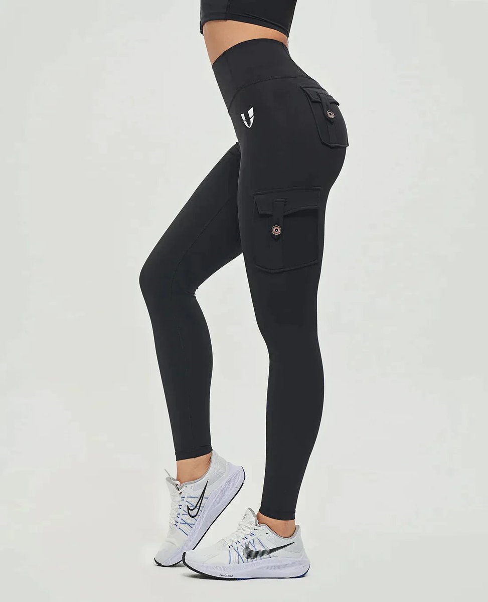 High-Waist Cargo Pocket Casual Leggings in Black