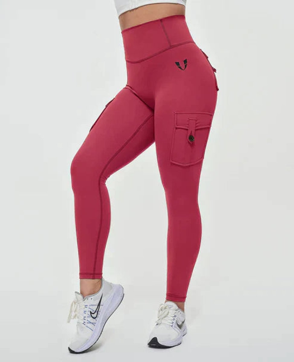 High-Waist Cargo Pocket Casual Leggings in Brick Red