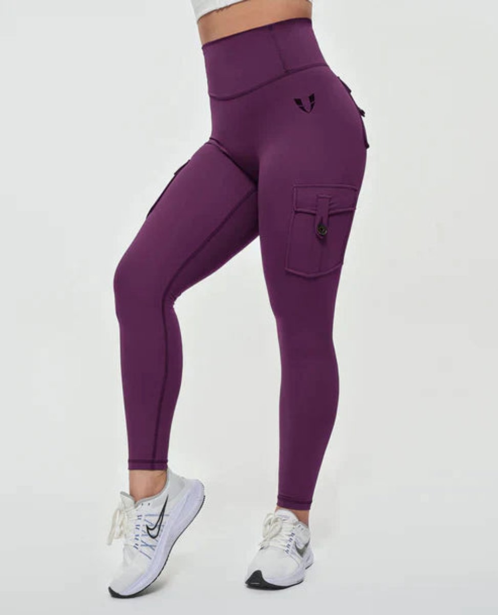 High-Waist Cargo Pocket Casual Leggings in Burgundy