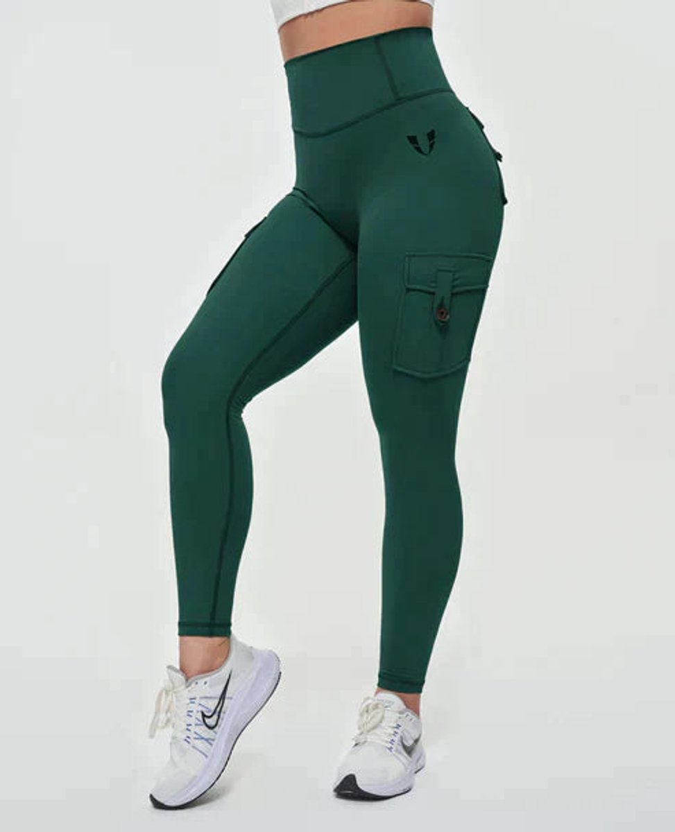 High-Waist Cargo Pocket Casual Leggings in Dark Green
