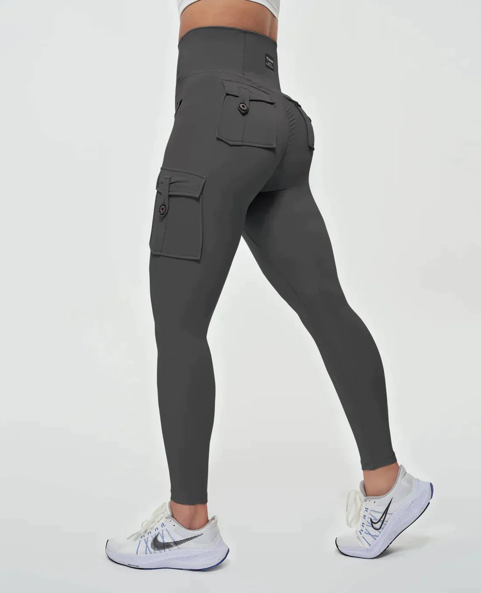 High-Waist Cargo Pocket Casual Leggings in Dark Grey