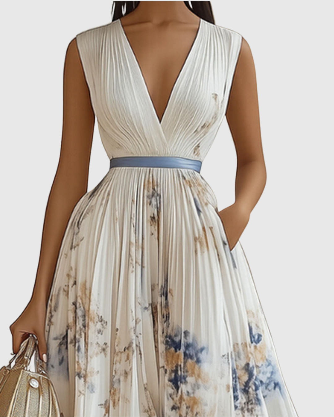 Pleated V-Neck Cocktail Midi Dress in Cream