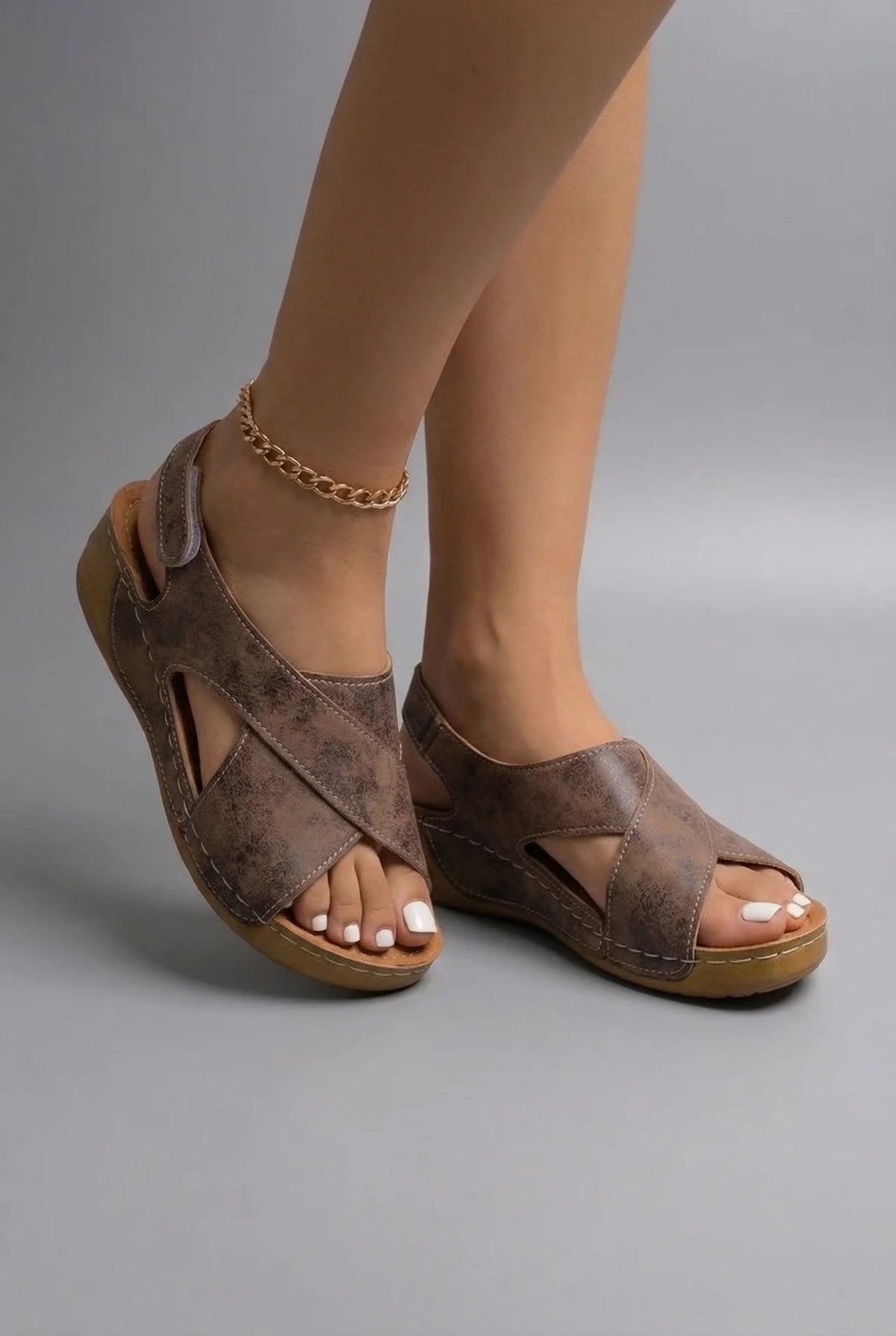Orthopaedic Crossover Casual Wedges in Brown