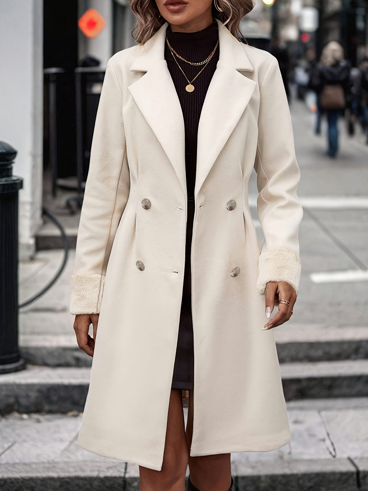Women's Double-Breasted Casual Coat in Cream