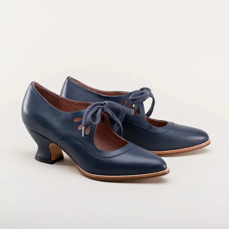 Cut-Out Lace-Up Casual Heels in Navy